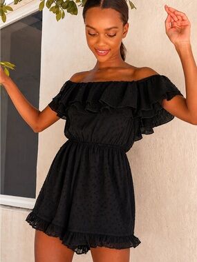 Lulus Frilled to Bits Black Swiss Dot Off the Shoulder Romper Size M NWT